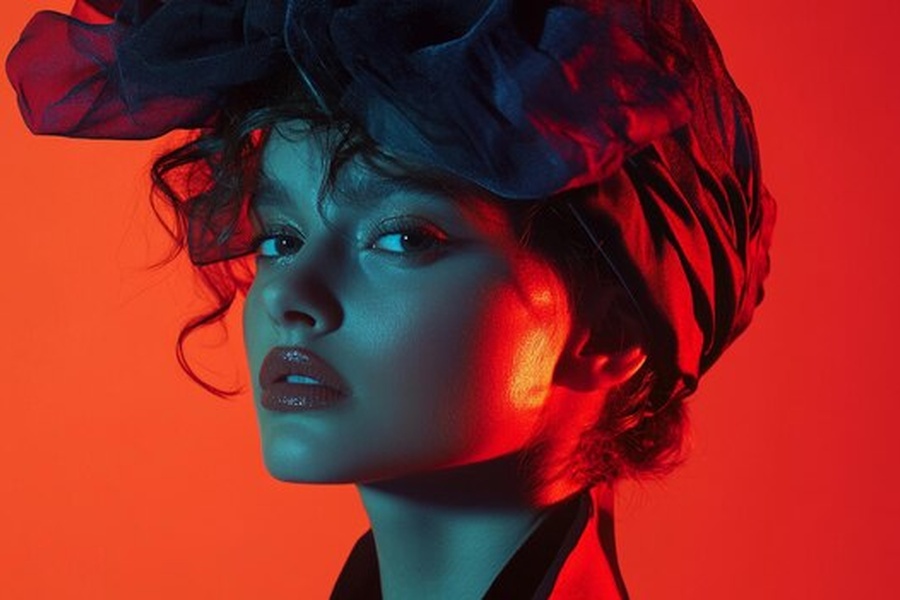 Portrait d'une femme au regard déterminé sous un éclairage bicolore, symbolisant l'expertise d'une formation cybersécurité nexa.