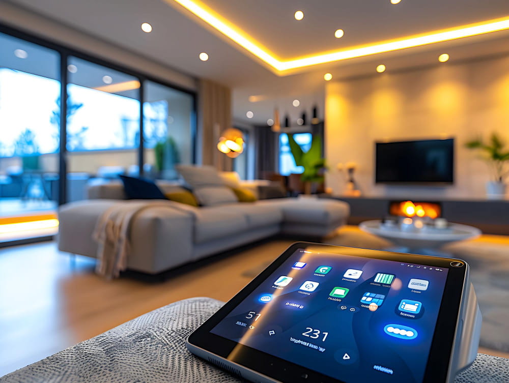 Interface de contrôle sur tablette dans le salon d'une maison intelligente au design moderne.