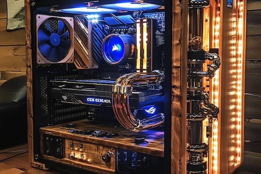 Un PC sur mesure en bois et métal avec refroidissement liquide, idéal pour un comparatif carte graphique performante.