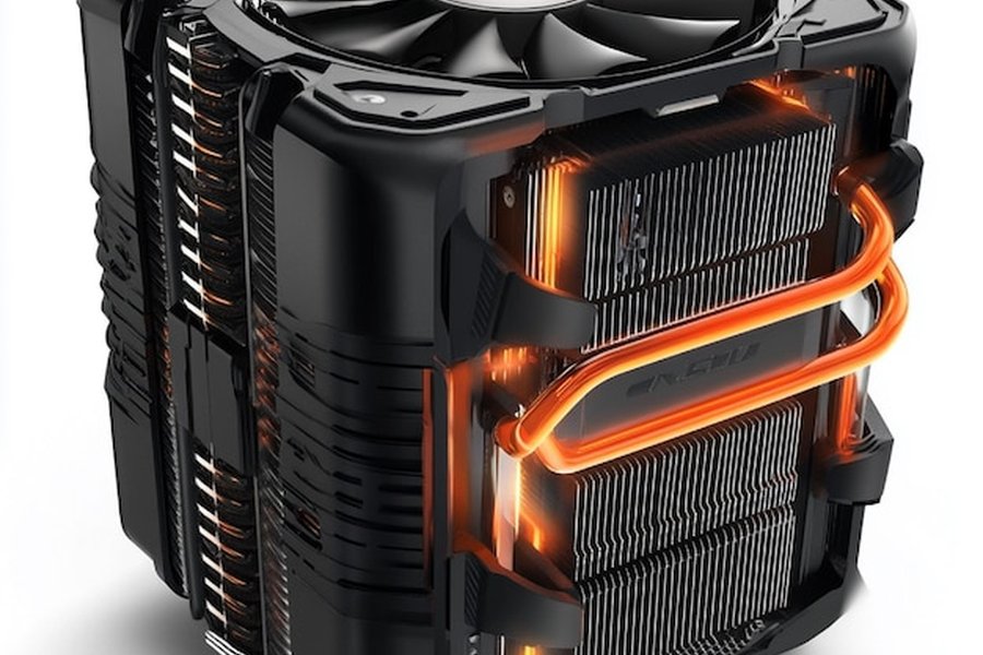 Système de refroidissement massif avec caloducs orange lumineux pour optimiser les performances d'une carte graphique et d'un processeur.