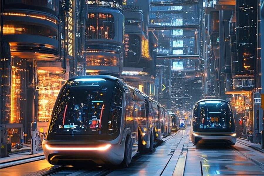 Des navettes autonomes circulant dans une métropole futuriste hyper-connectée grâce à de multiples objets connectés.