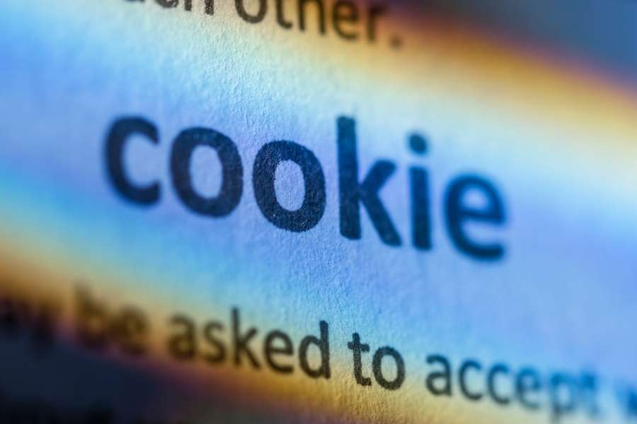 Un gros plan sur le mot "cookie" imprimé sur une page avec des teintes bleutées pour illustrer les cookies traceurs.