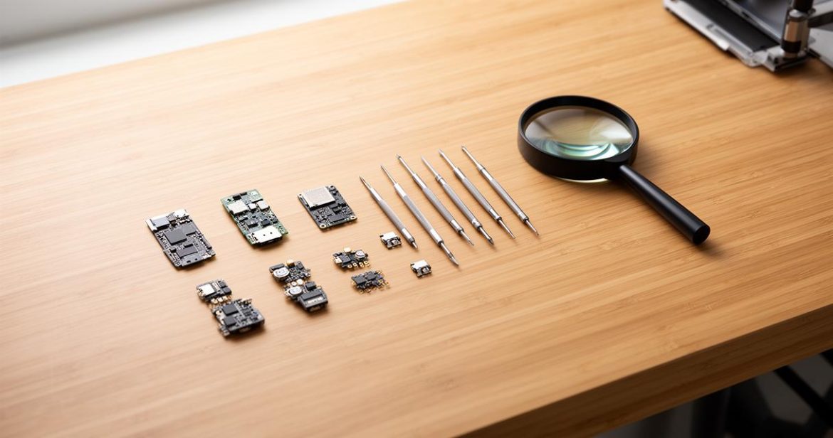 Composants électroniques, pieces-detachees et outils de précision disposés sur un plan de travail en bois.